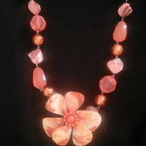 Coral color Mother of Pearl Big Flower Beaded Necklace